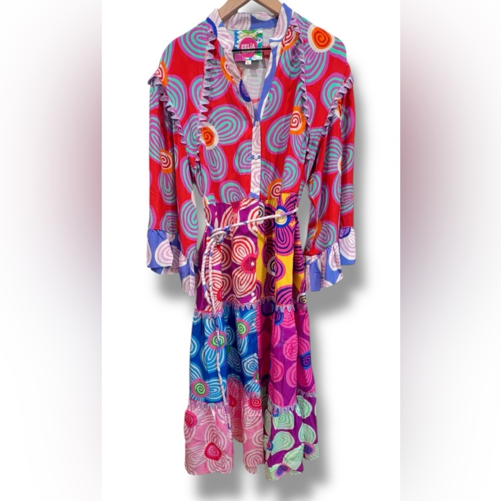 Celia B Maryann V-Neck Mixed Print Midi Dress Button Bright Whimsy Size L - Picture 10 of 16